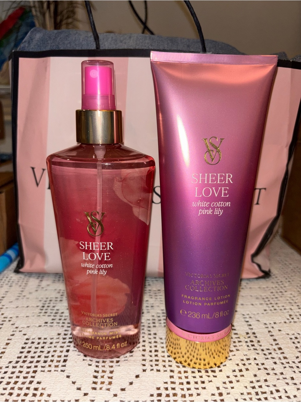 (Inventory 54) Victoria's Secret Sheer Love Fragrance Mist & Lotion - Pink, Gold